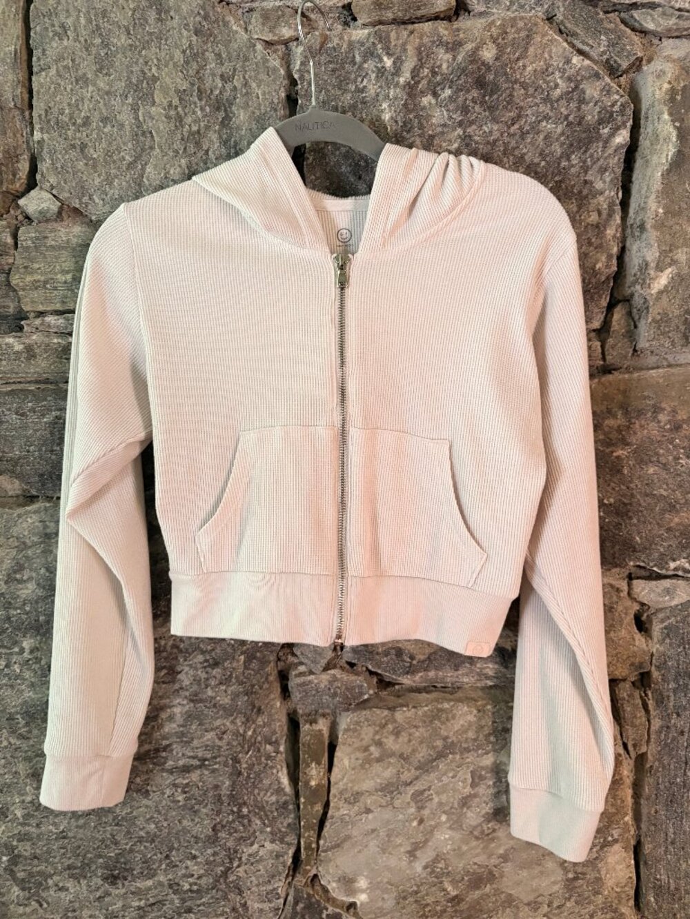GILLY HICKS CROPPED WAFFLE KNIT HOODIE, ZIP HOODIE, CREAM SZ SMALL